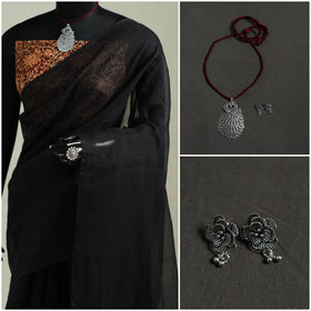 Black - Nazaakat Kota Doria Cotton Plain Saree with Blouse & Jewellery Set 10