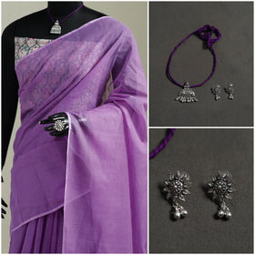 Purple - Nazaakat Kota Doria Cotton Plain Saree with Blouse & Jewellery Set 144