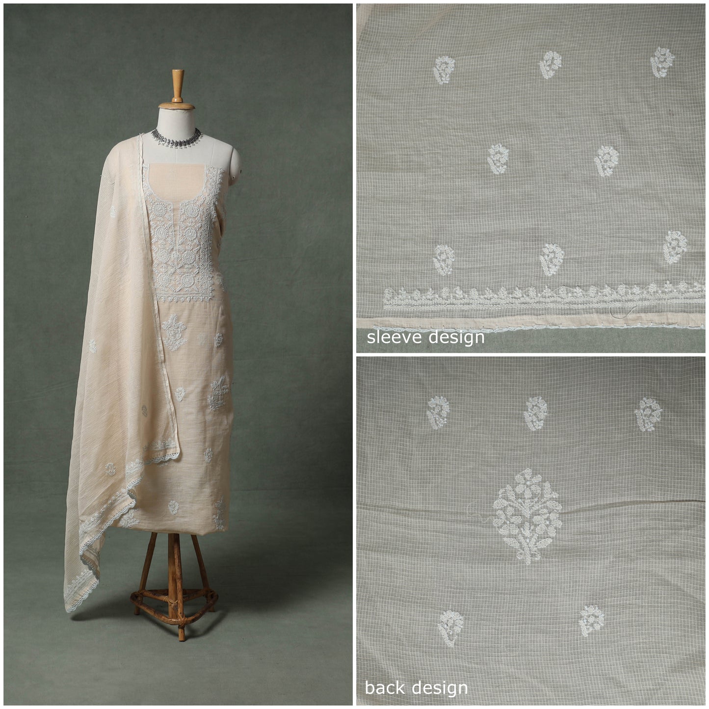 Lucknowi Chikankari Kota Doria Cotton Unstitched Dress Material: Kurta with Dupatta 24
