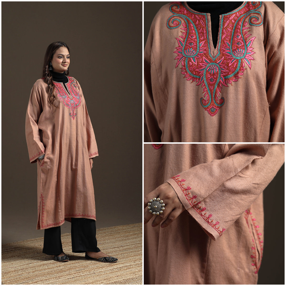 Kashmiri Sozni Hand Embroidered Handwoven Merino Wool Pheran 09
