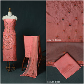 Pink - Hand Embroidered Muslin 3pc Unstitched Dress Material 06