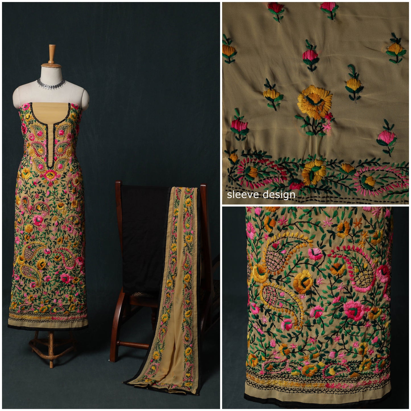 Hand Embroidered Georgette 3pc Unstitched Dress Material Suit Set 10