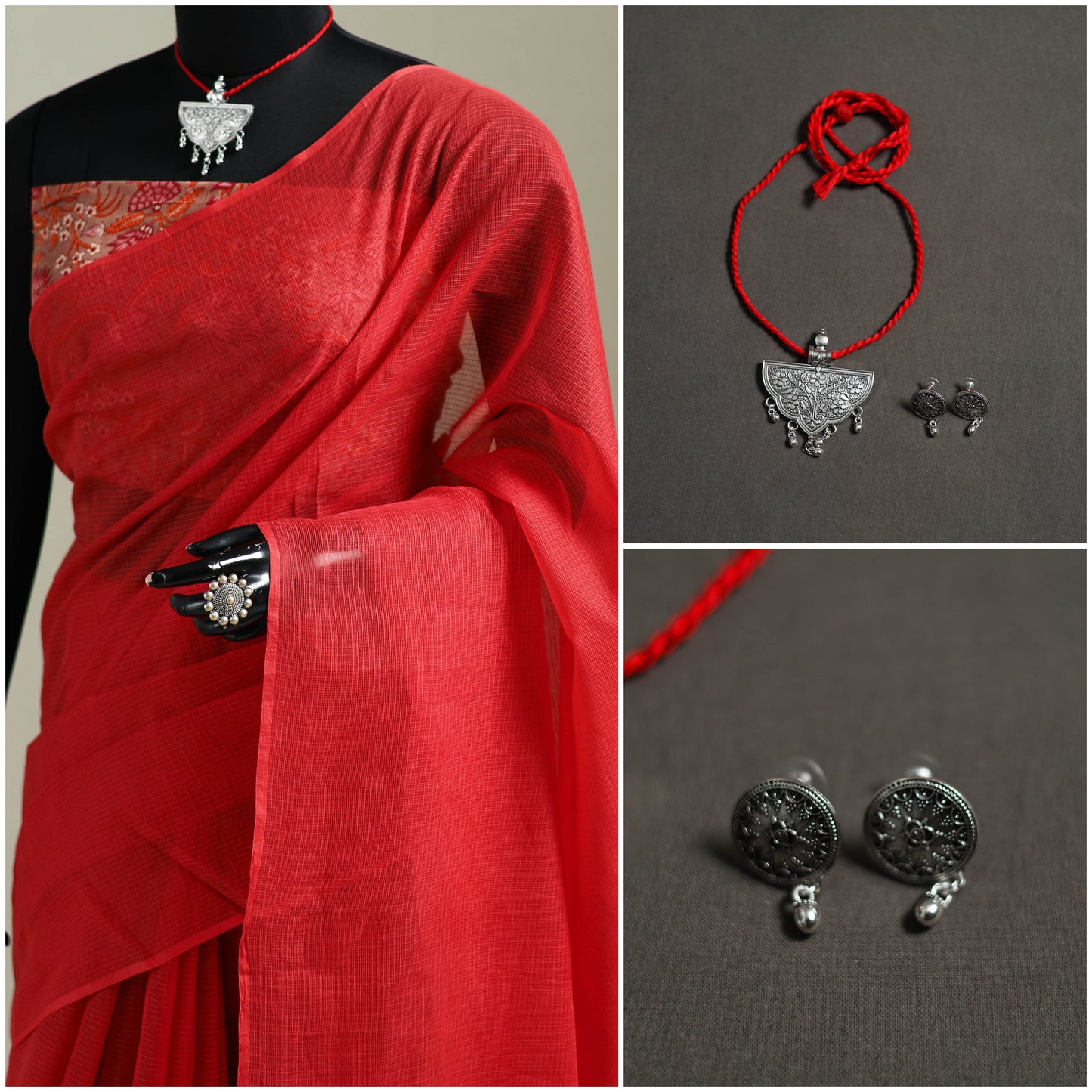 Red - Nazaakat Kota Doria Cotton Plain Saree with Blouse & Jewellery Set 103