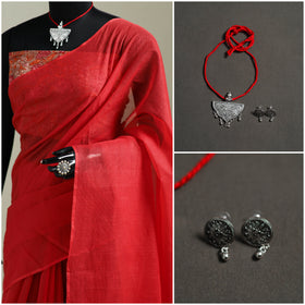 Red - Nazaakat Kota Doria Cotton Plain Saree with Blouse & Jewellery Set 103