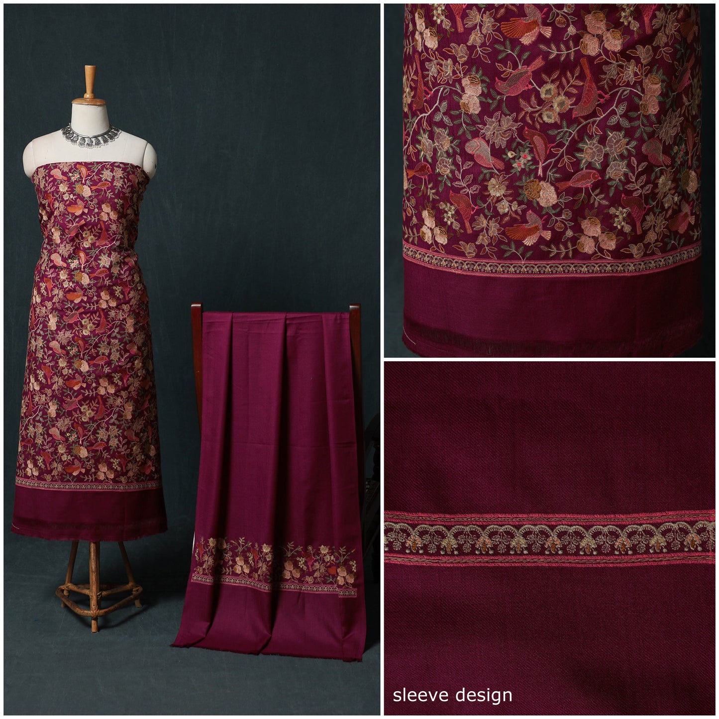 3pc Heavy Embroidered Wool Unstitched Dress Material Suit Set 48