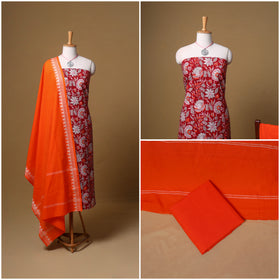 Floral Sanganeri Block Print Cotton Unstitched Dress Material: Kurta, Bottom & Dupatta with Jewellery 09