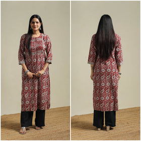 Red - Bagh Hand Block Print Natural Dyed Cotton Straight Kurta for women 06