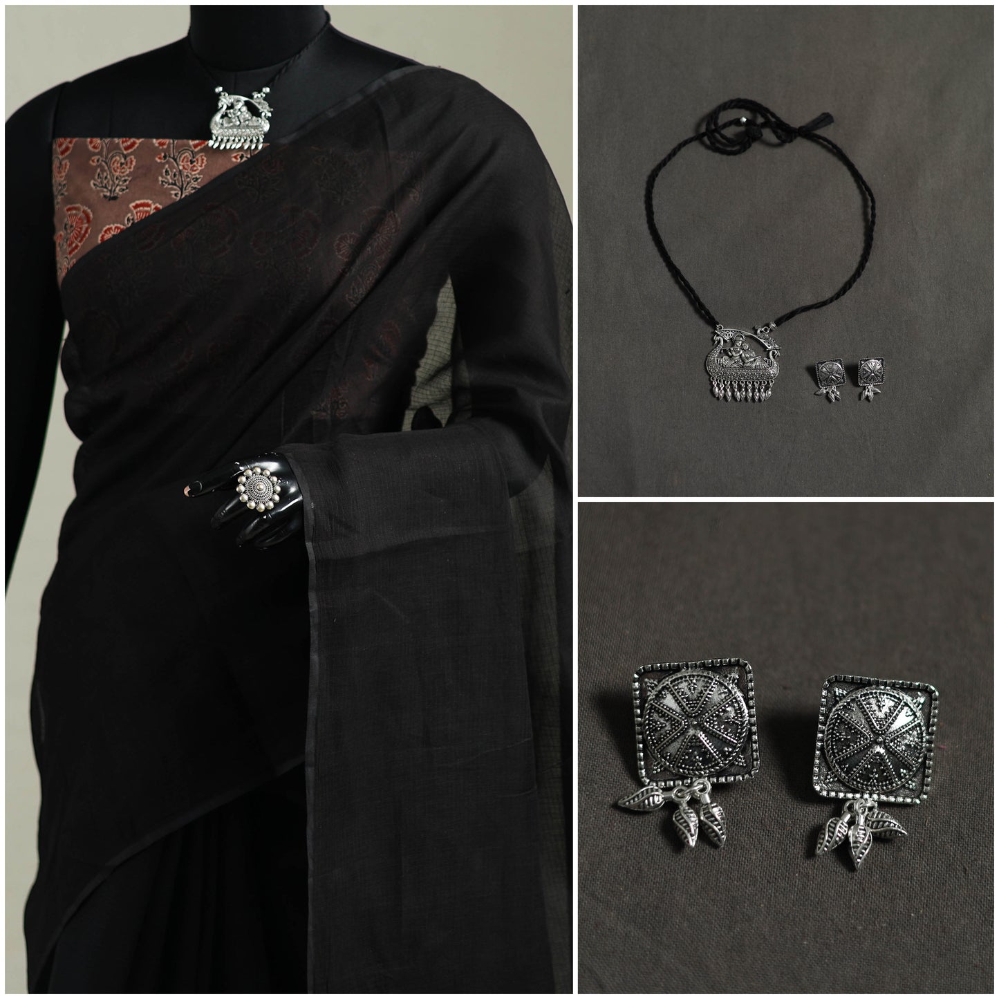 Black - Nazaakat Kota Doria Cotton Plain Saree with Blouse & Jewellery Set 38