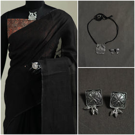 Black - Nazaakat Kota Doria Cotton Plain Saree with Blouse & Jewellery Set 38