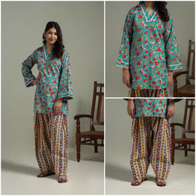 Sanganeri Hand Block Print Cotton Lace Work Short Kurta with Farshi Salwar Set for women 03