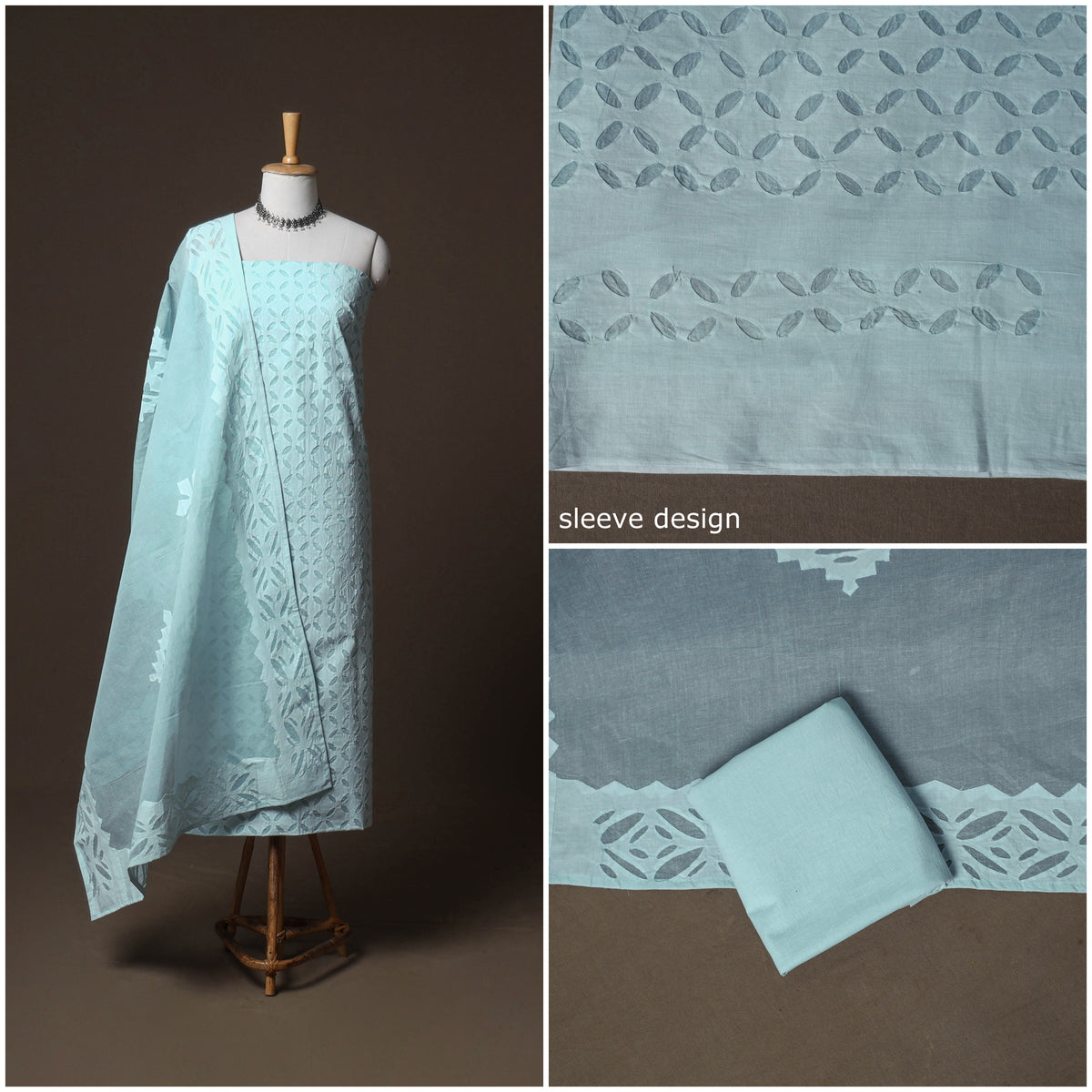 Applique Cutwork Cotton Unstitched Dress Material: Kurta, Bottom & Dupatta 10