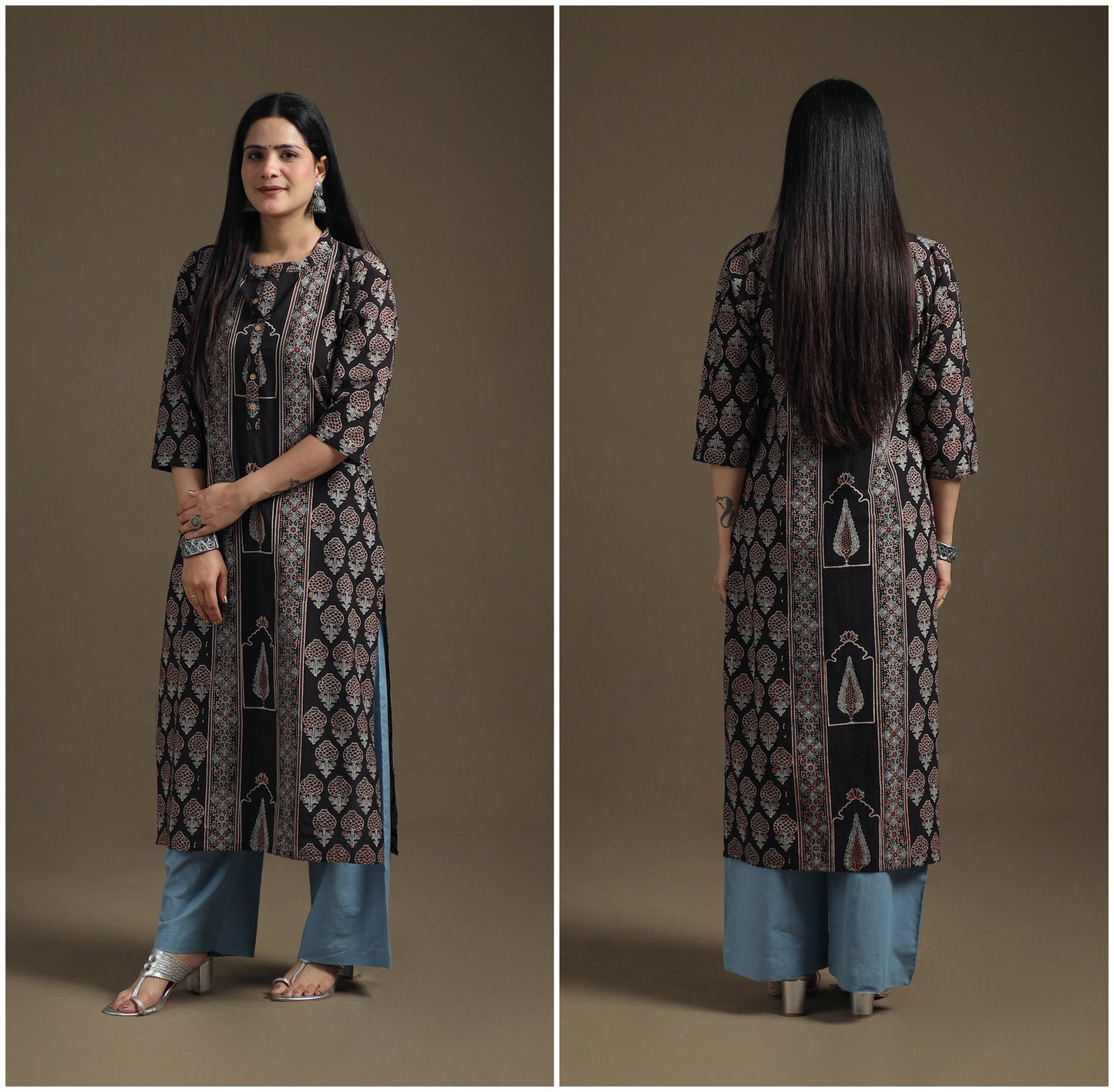 Hand Block Print Cotton Straight Long Ajrakh Kurta for Women 07
