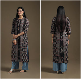 Hand Block Print Cotton Straight Long Ajrakh Kurta for Women 07