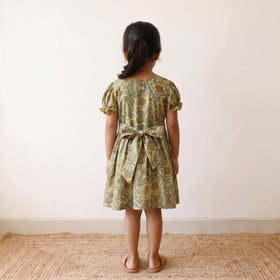Green - pure cotton girls frock dress in sanganeri floral