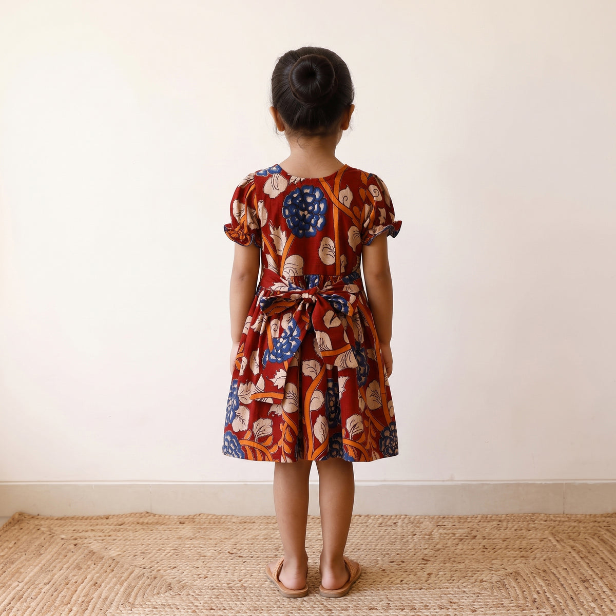 Red - pure cotton girls frock dress in kalamkari prints