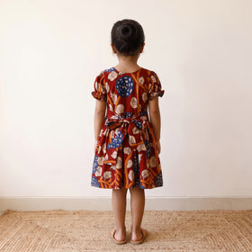 Red - pure cotton girls frock dress in kalamkari prints
