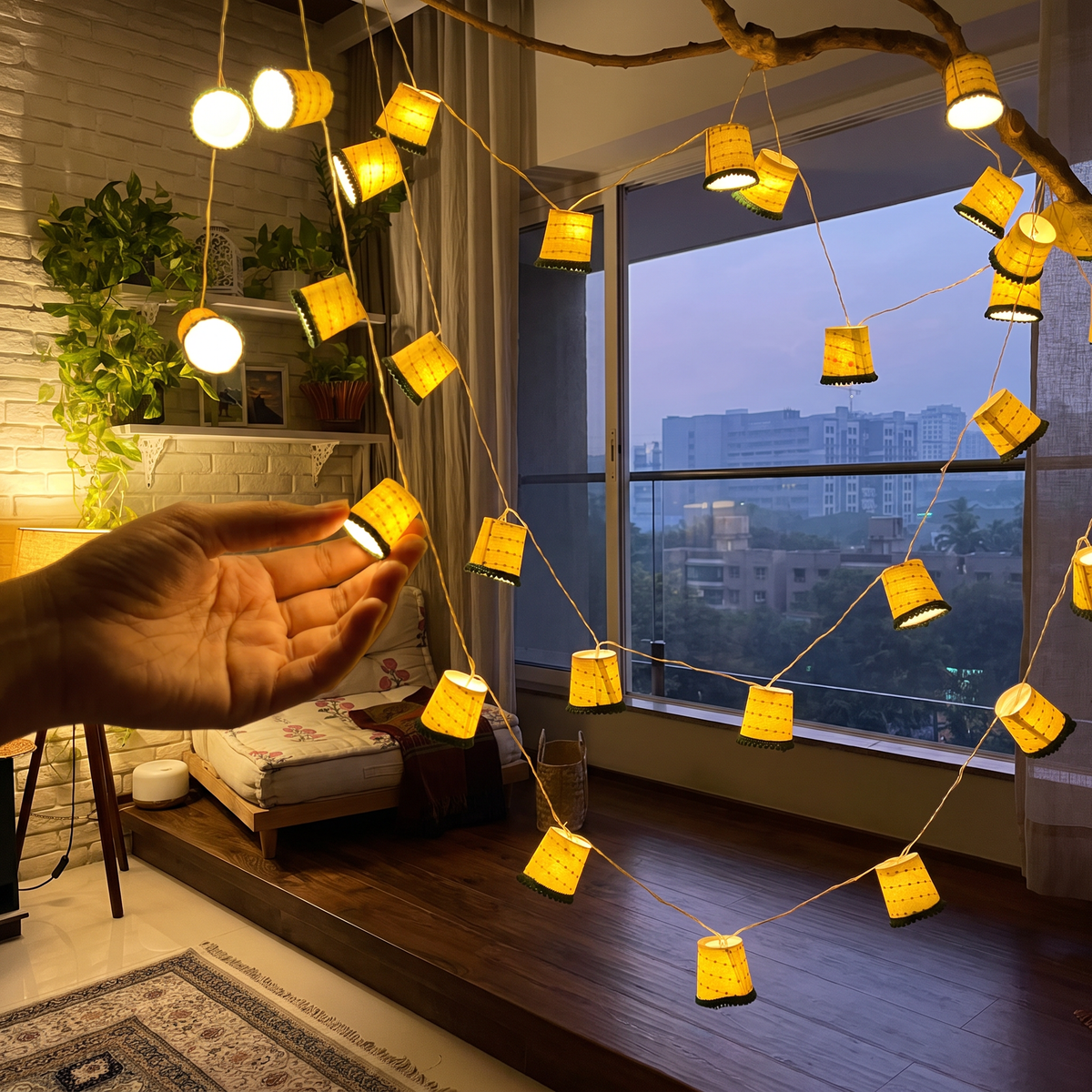 Handmade Decorative Fairy Light (10m), lit in a home in the evening, AI visual of the light, iTokri