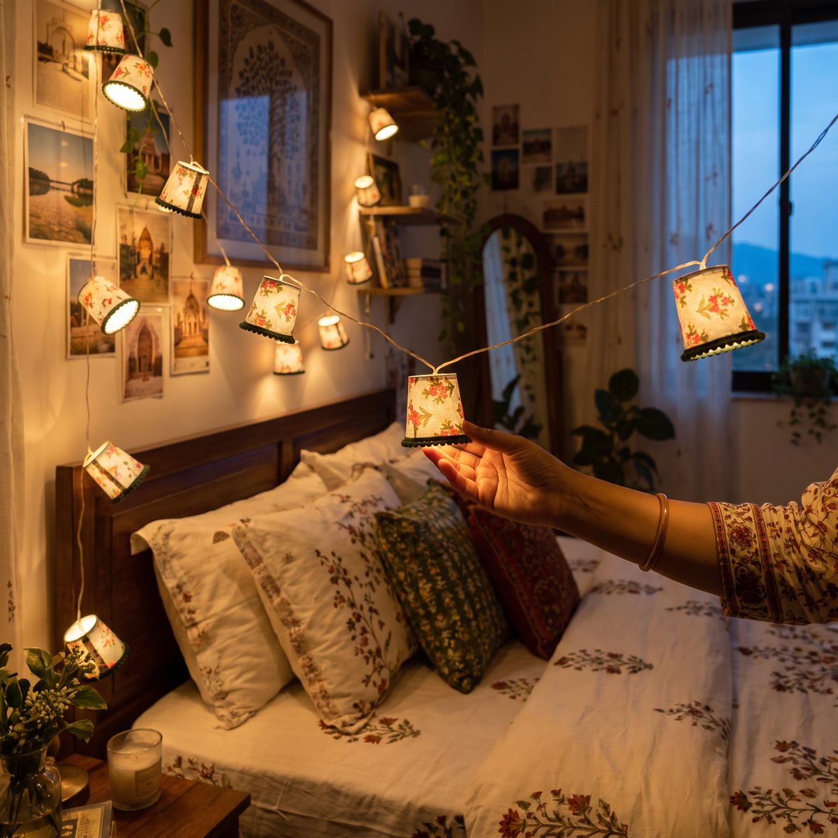 Handmade Decorative Fairy Light (10m), lit in a home in the evening, AI visual of the light, iTokri