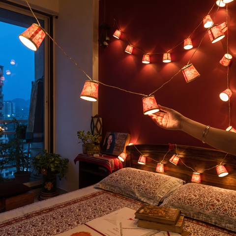 Handmade Decorative Fairy Light (10m), lit in a home in the evening, AI visual of the light, iTokri
