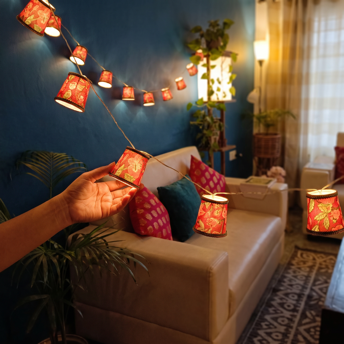 Handmade Decorative Fairy Light (10m), lit in a home in the evening, AI visual of the light, iTokri