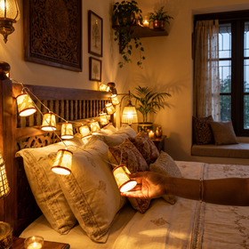 Handmade Decorative Fairy Light (10m), lit in a home in the evening, AI visual of the light, iTokri