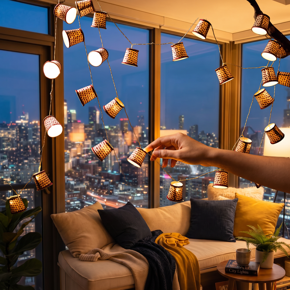Handmade Decorative Fairy Light (10m), lit in a home in the evening, AI visual of the light, iTokri