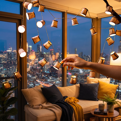 Handmade Decorative Fairy Light (10m), lit in a home in the evening, AI visual of the light, iTokri