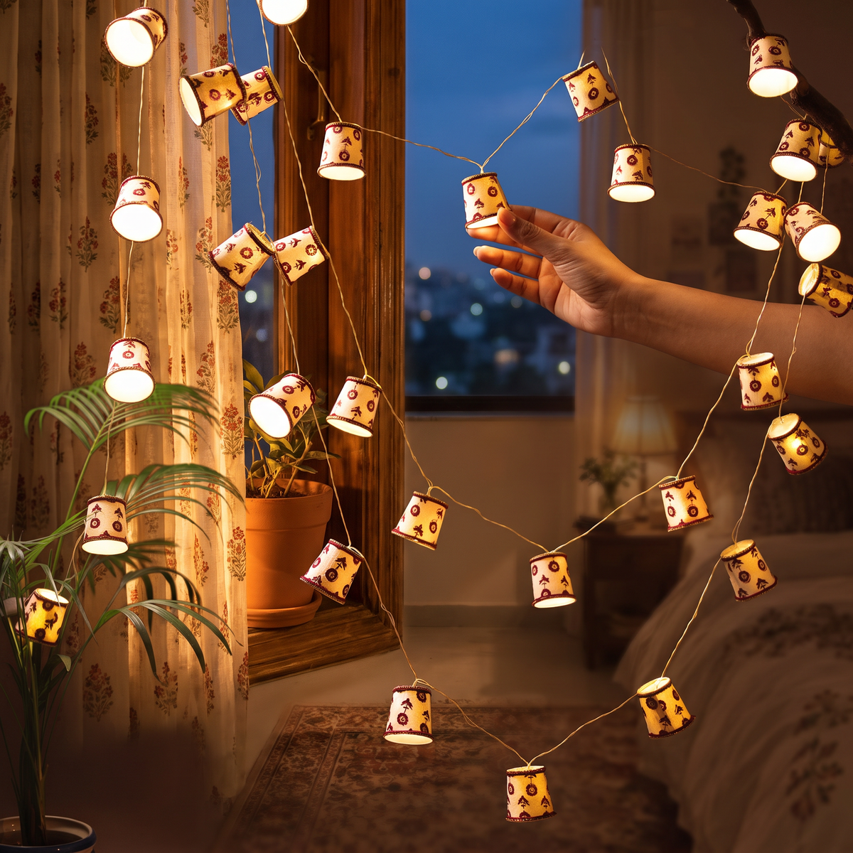 Handmade Decorative Fairy Light (10m), lit in a home in the evening, AI visual of the light, iTokri