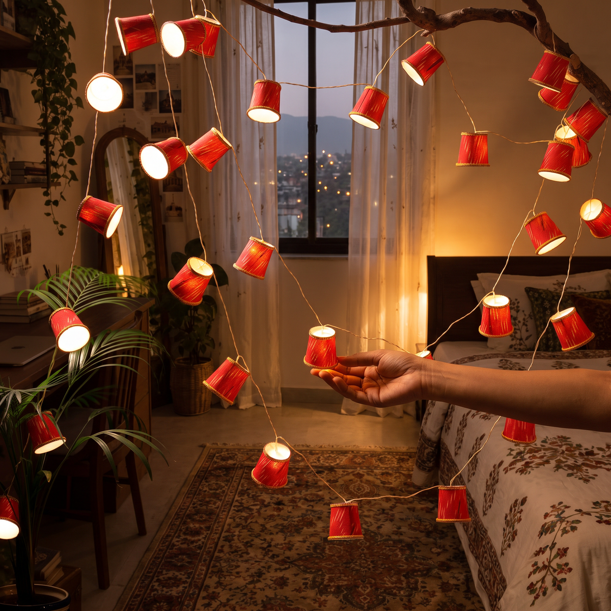 Handmade Decorative Fairy Light (10m), lit in a home in the evening, AI visual of the light, iTokri