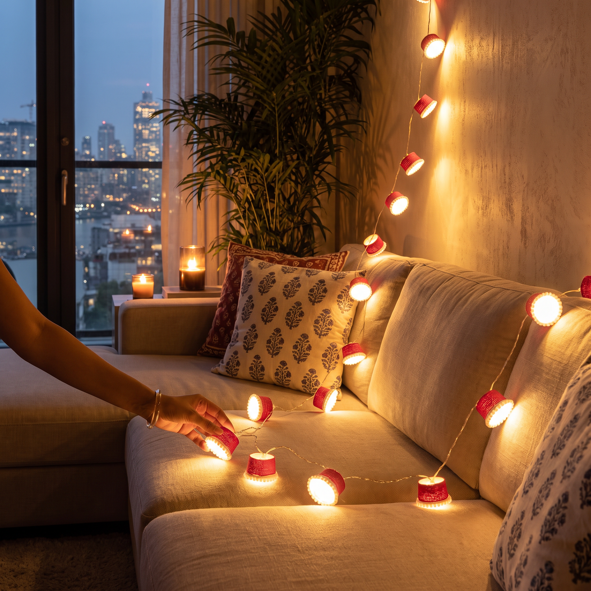 Handmade Decorative Fairy Light (10m), lit in a home in the evening, AI visual of the light, iTokri