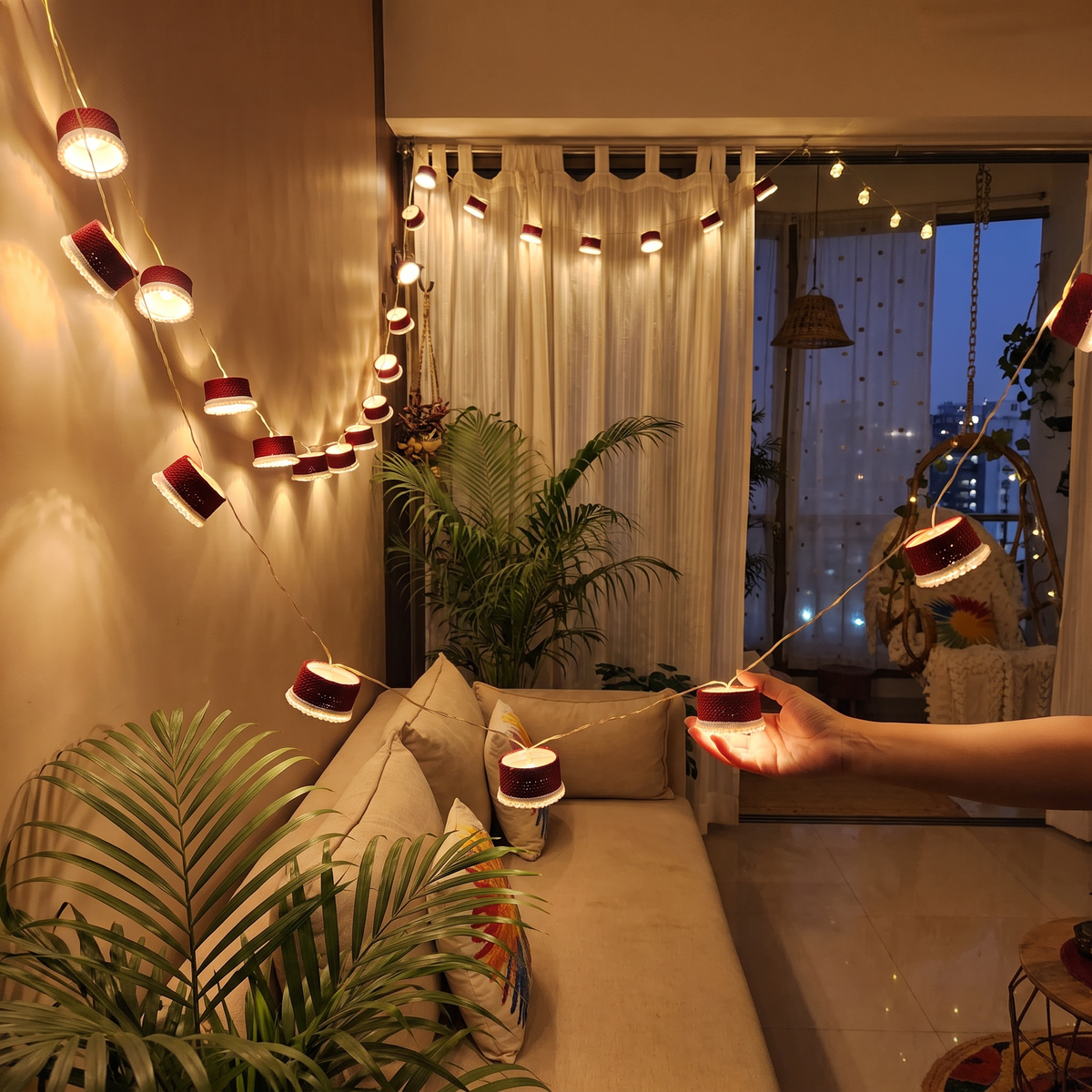Handmade Decorative Fairy Light (10m), lit in a home in the evening, AI visual of the light, iTokri
