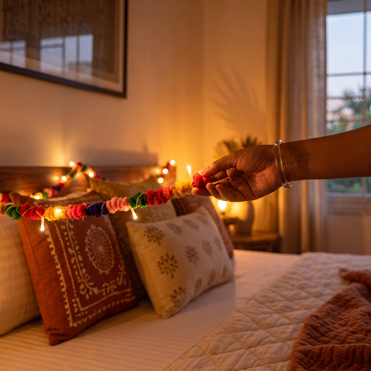 Handmade Decorative Fairy Light (10m), lit in a home in the evening, AI visual of the light, iTokri