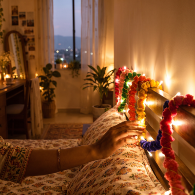 Handmade Decorative Fairy Light (10m), lit in a home in the evening, AI visual of the light, iTokri