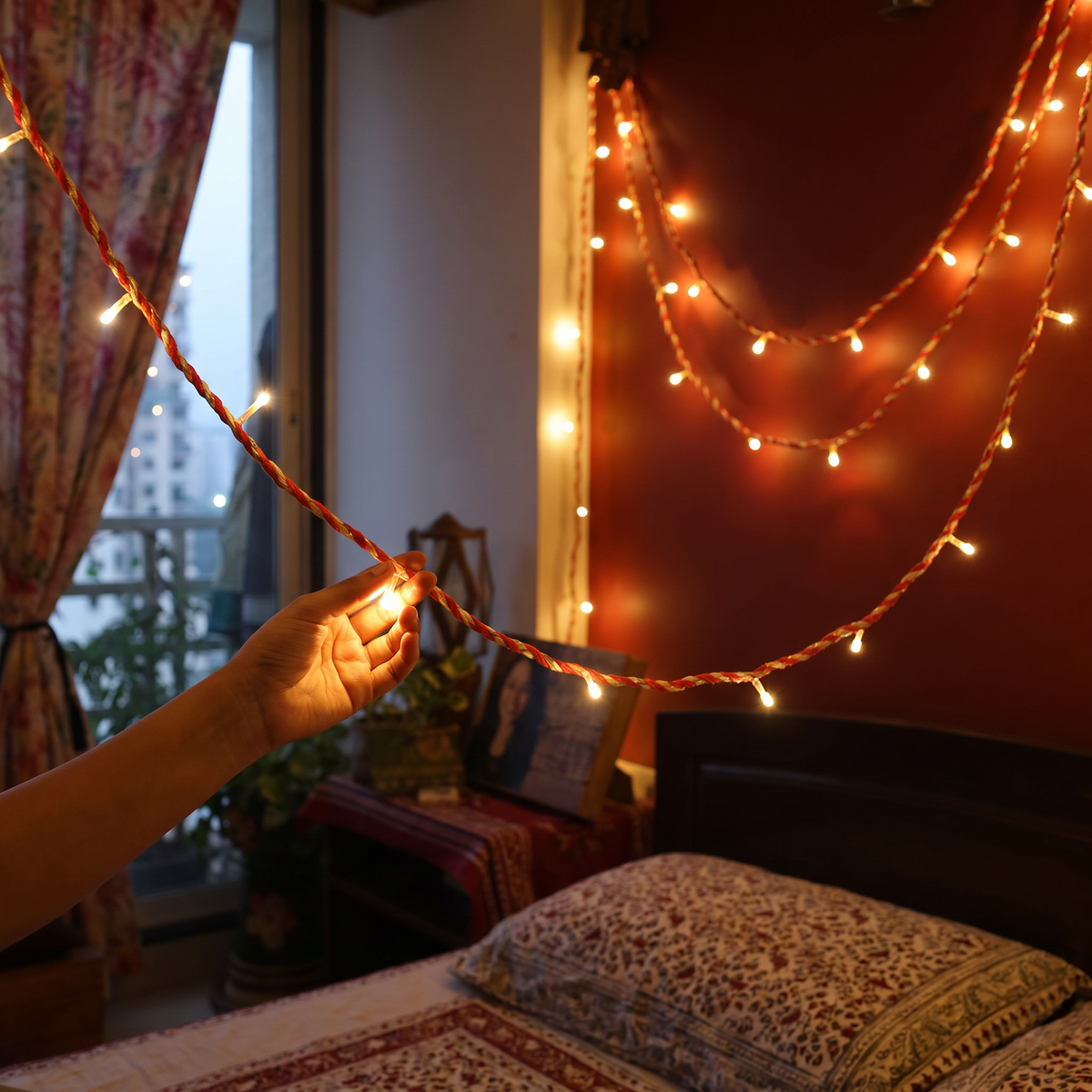 Handmade Decorative Fairy Light (10m), lit in a home in the evening, AI visual of the light, iTokri