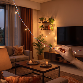 Handmade Decorative Fairy Light (10m), lit in a home in the evening, AI visual of the light, iTokri