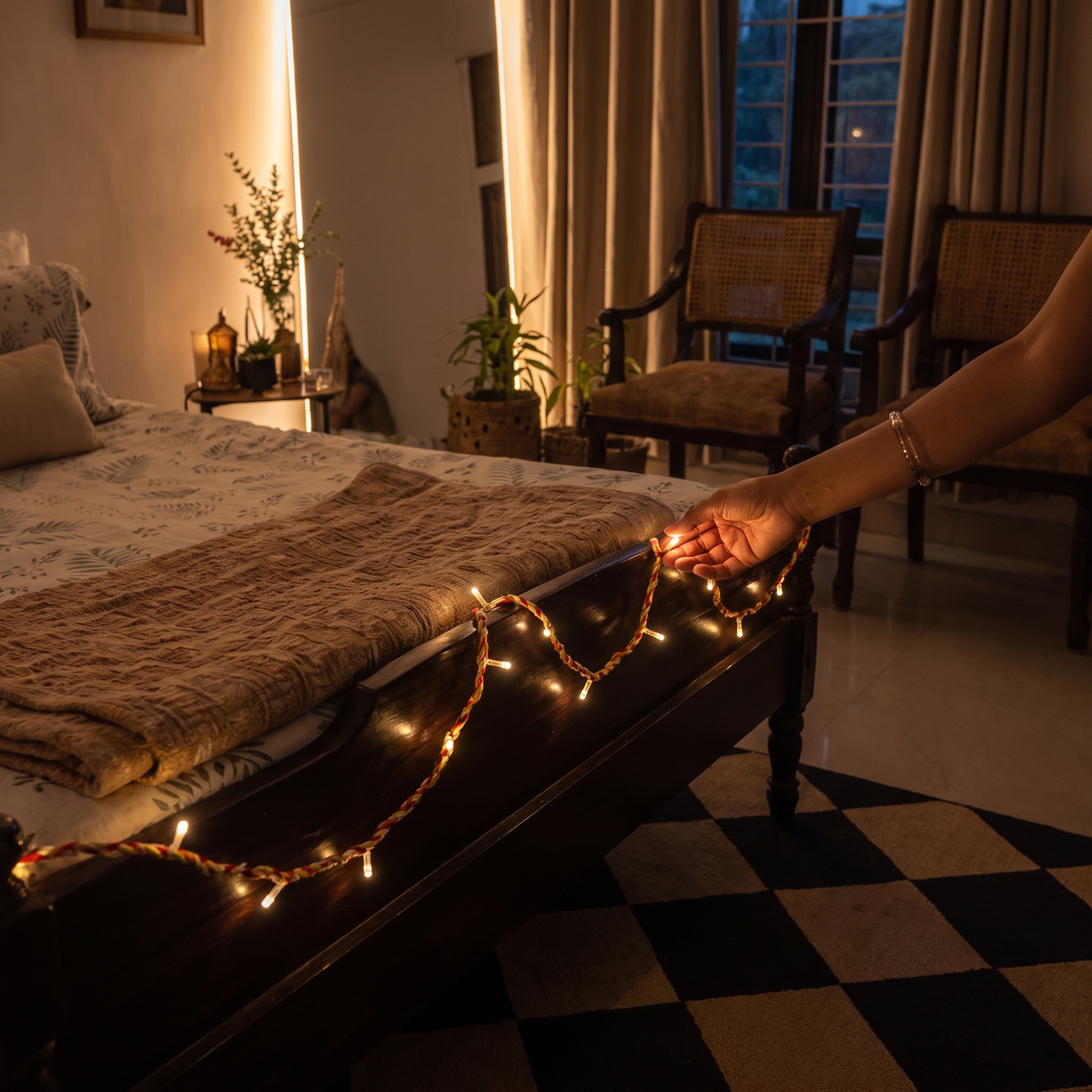 Handmade Decorative Fairy Light (10m), lit in a home in the evening, AI visual of the light, iTokri