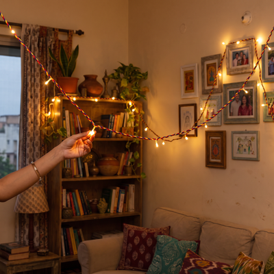 Handmade Decorative Fairy Light (10m), lit in a home in the evening, AI visual of the light, iTokri