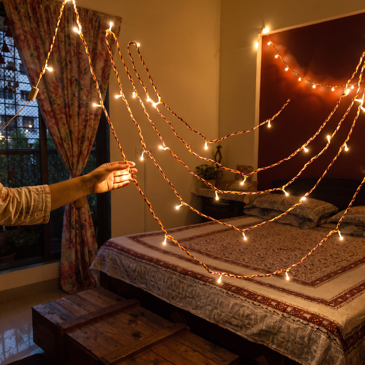 Handmade Decorative Fairy Light (10m), lit in a home in the evening, AI visual of the light, iTokri
