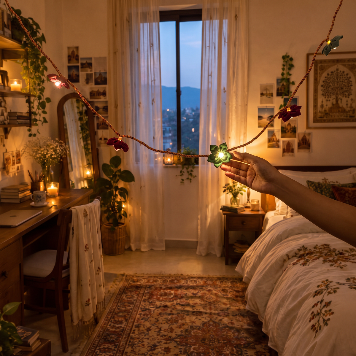 Handmade Decorative Fairy Light (10m), lit in a home in the evening, AI visual of the light, iTokri