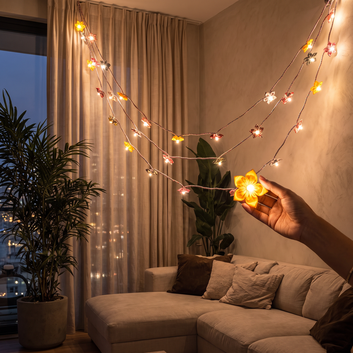 Handmade Decorative Fairy Light (10m), lit in a home in the evening, AI visual of the light, iTokri