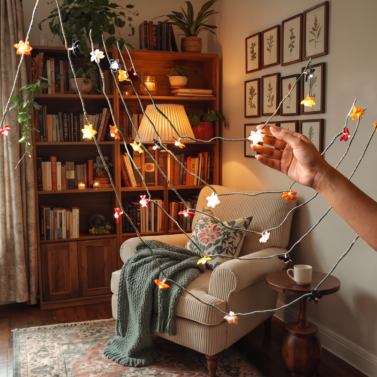 Handmade Decorative Fairy Light (10m), lit in a home in the evening, AI visual of the light, iTokri