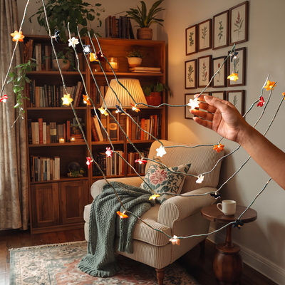 Handmade Decorative Fairy Light (10m), lit in a home in the evening, AI visual of the light, iTokri