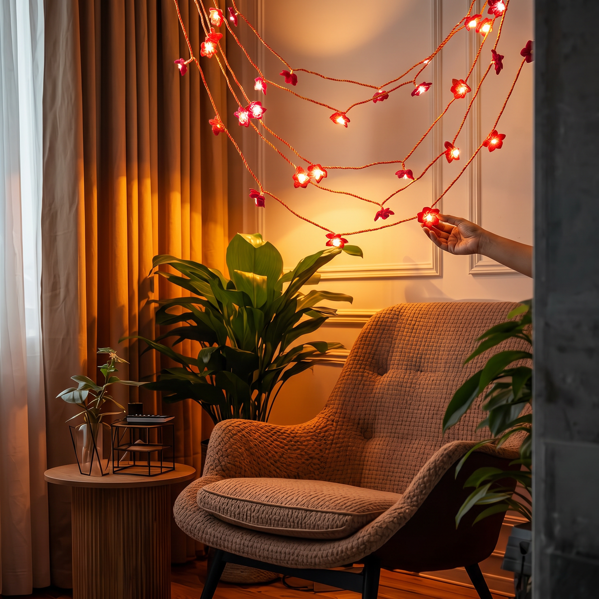 Handmade Decorative Fairy Light (10m), lit in a home in the evening, AI visual of the light, iTokri
