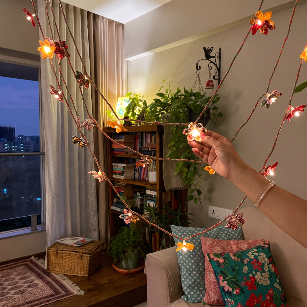 Handmade Decorative Fairy Light (10m), lit in a home in the evening, AI visual of the light, iTokri