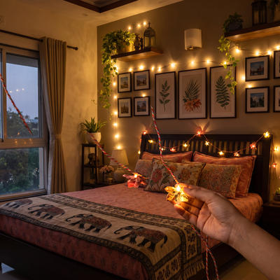 Handmade Decorative Fairy Light (10m), lit in a home in the evening, AI visual of the light, iTokri