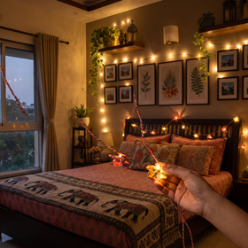 Handmade Decorative Fairy Light (10m), lit in a home in the evening, AI visual of the light, iTokri