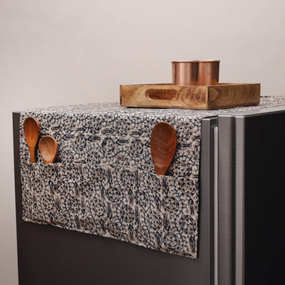 Beige Kalamkari Block Printed Fridge Top Cover with Handle Cover