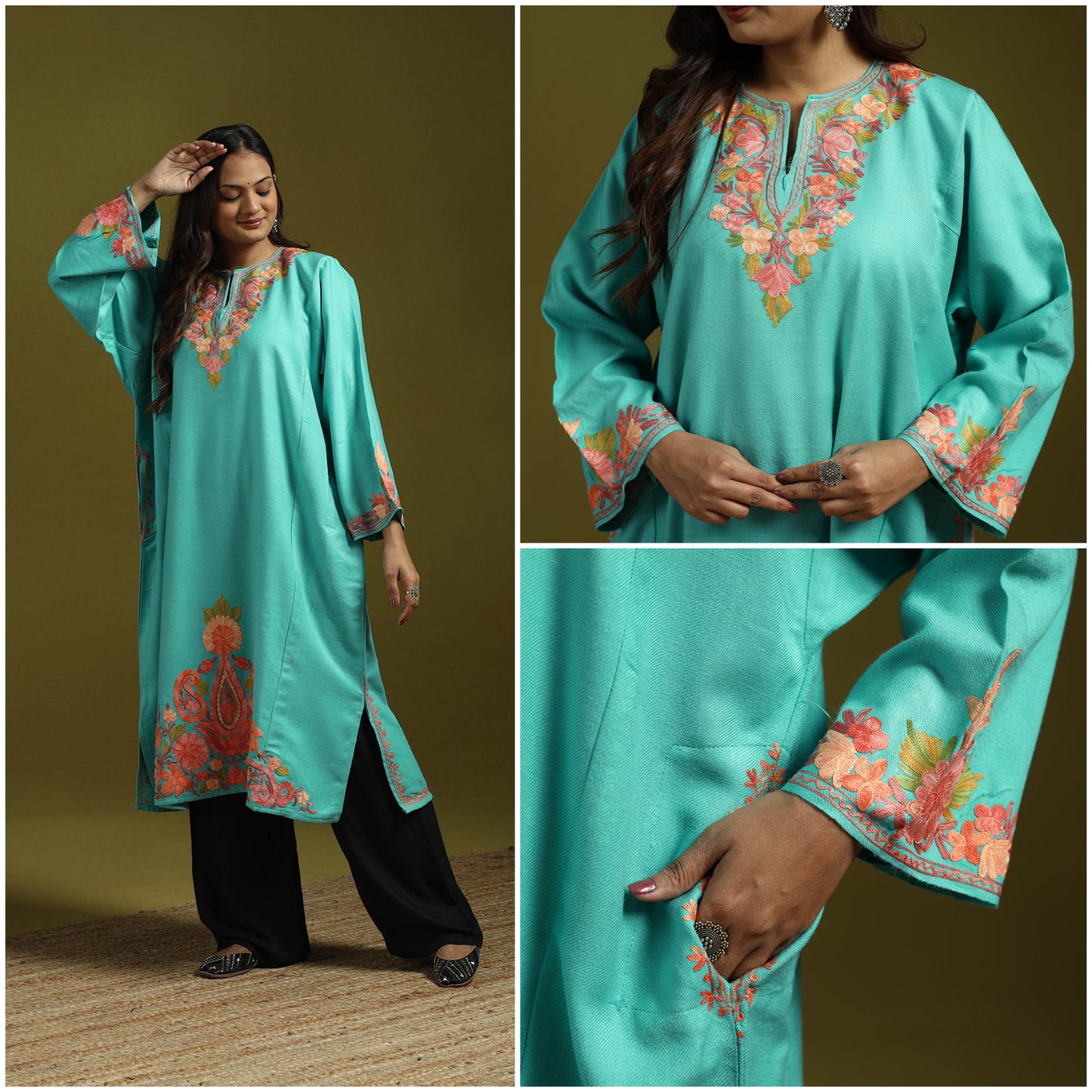 Pink - Handwoven Aari Embroidered Kashmiri Merino Wool Pheran 09