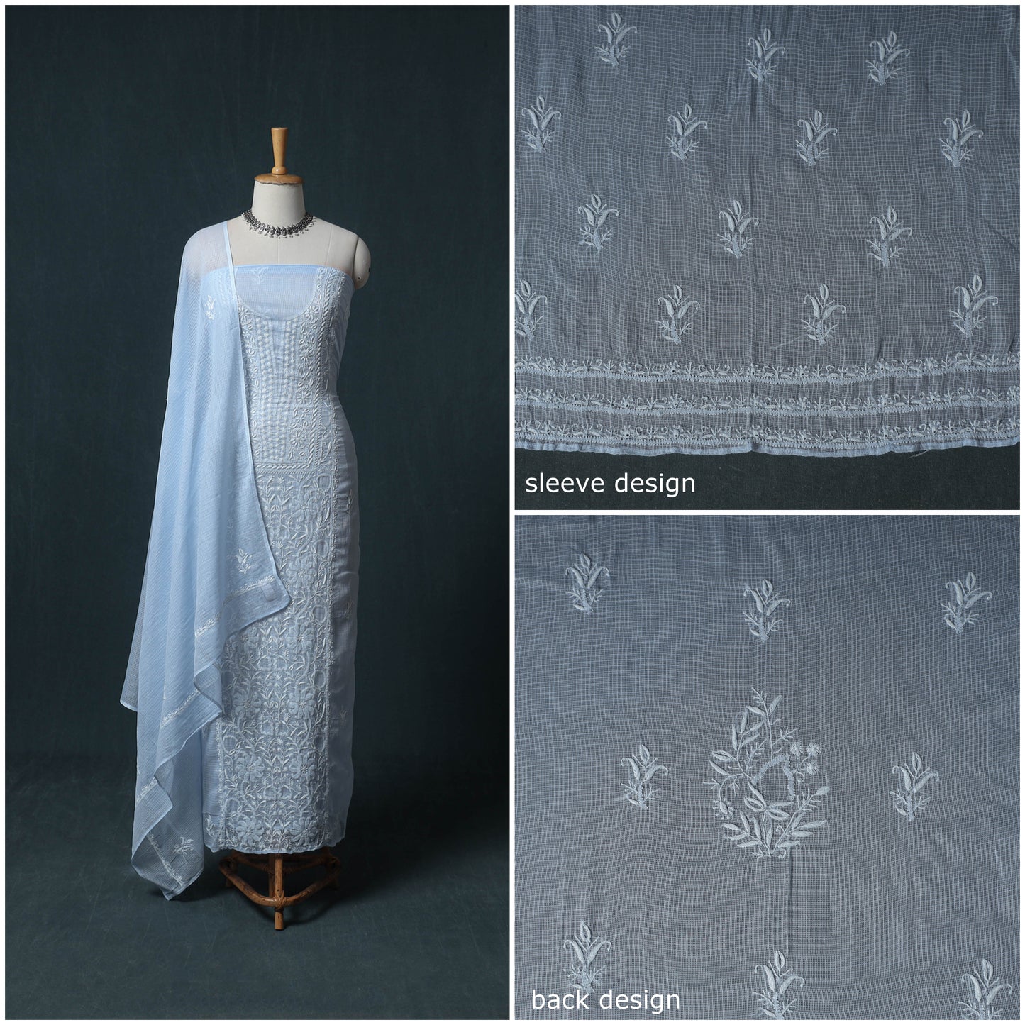 Lucknowi Chikankari Kota Doria Cotton Semi Stitched Dress Material: Kurta with Dupatta 14