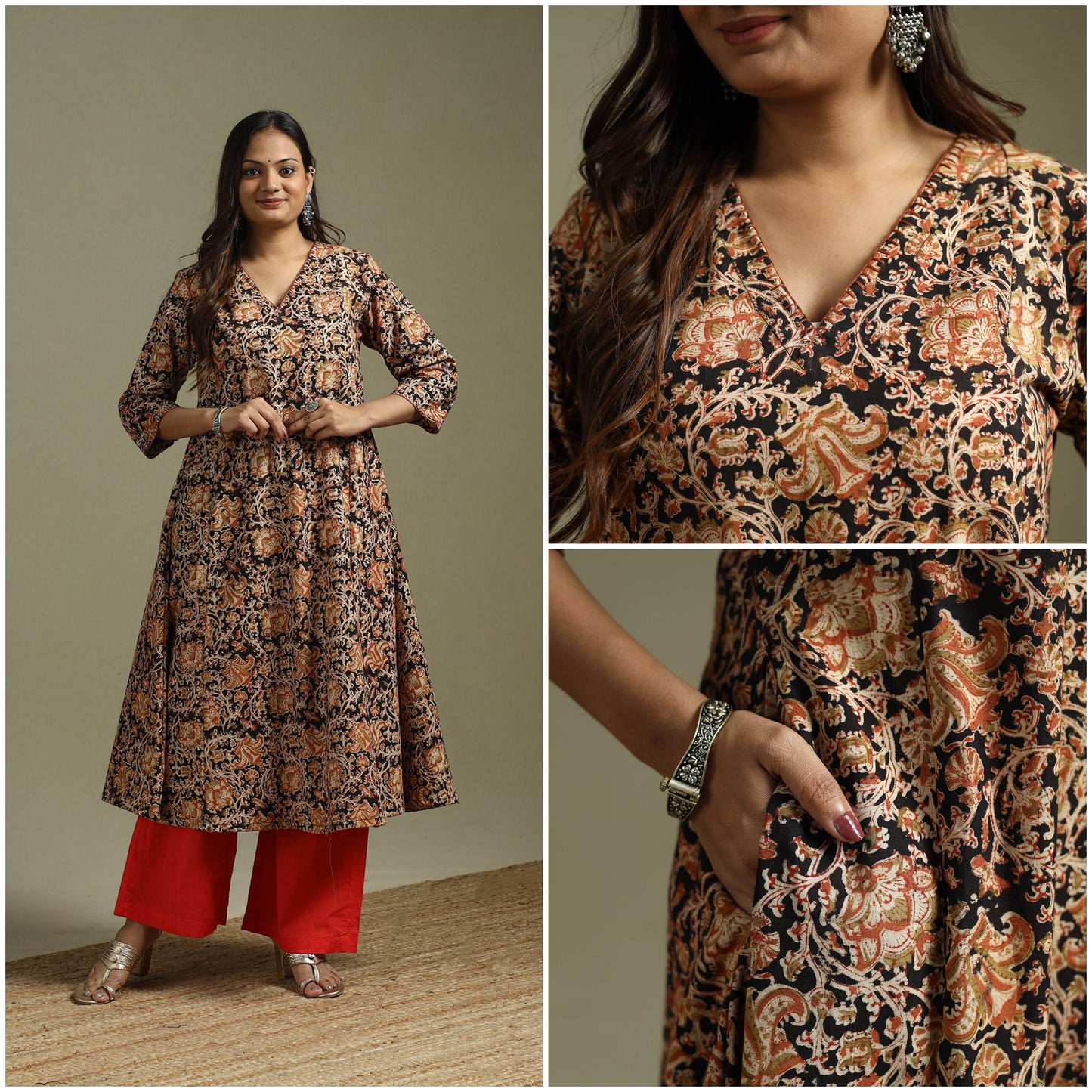 Black - Pedana Block Print Natural Dyed Cotton Hand Embroidery A-Line Kalamkari Kurta 09